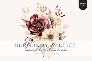Burgundy & Beige Flowers, a Decorative Illustration by PeDe Designs