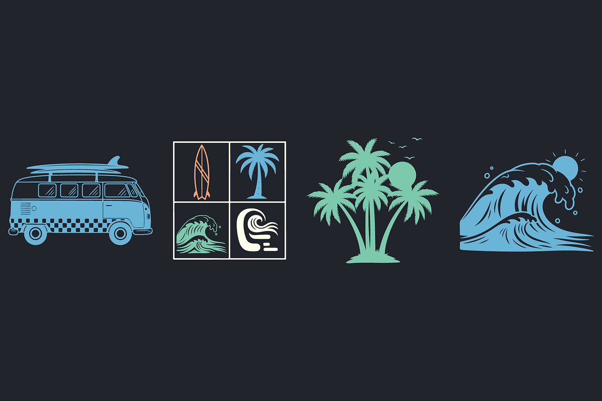 Retro Surf Van & Tropical Beach Set, an Object Illustration by MkStudio