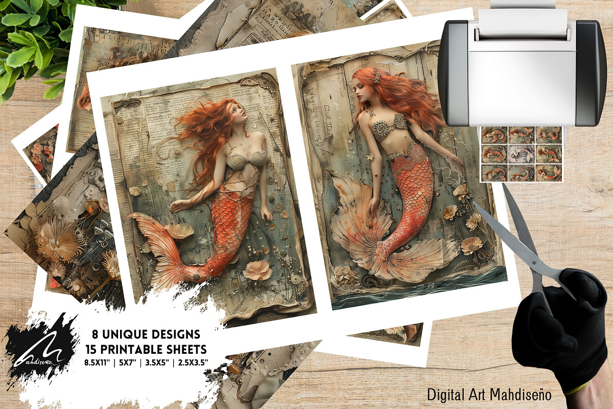 Red Mermaid, Grunge Collage Pages, a Person Illustration by Digital Art Mahdiseño (Photo 5 of 11)