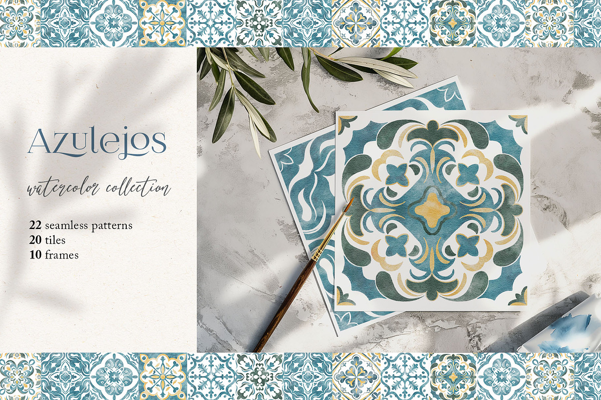 Azulejos watercolor tiles & Patterns, a Pattern Graphic by Jenny Quince (Photo 1 of 12)