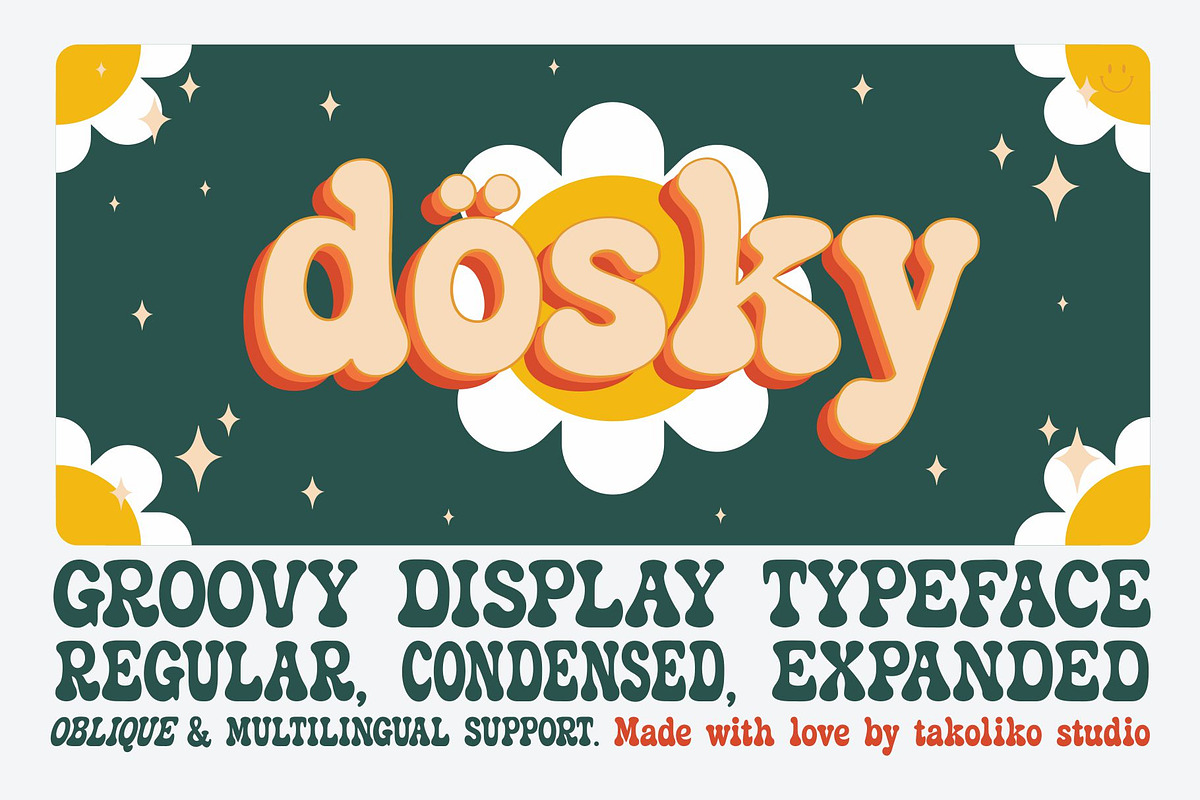 Dosky - Groovy Typeface, a Sans Serif Font by takoliko (Photo 1 of 11)