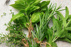 Freshly cut herbs tied with twine lying on gray marble with scis, a Food & Drink Photo by Olena Rudo