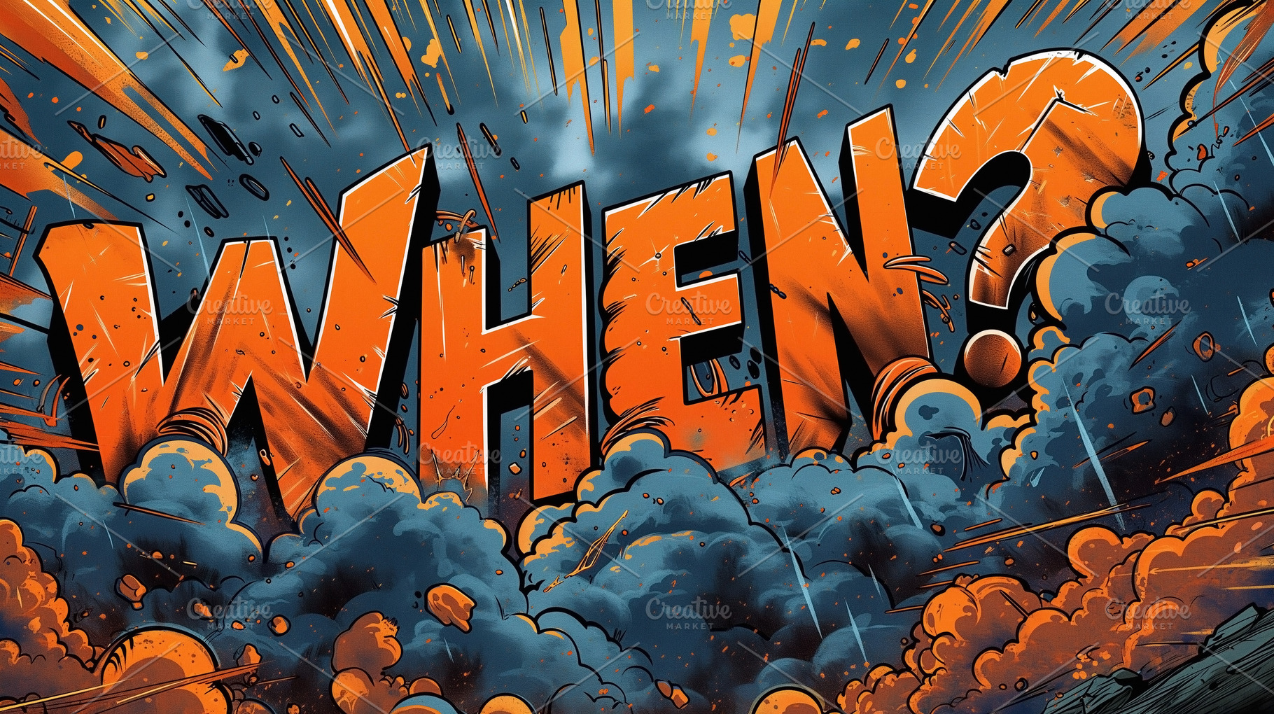 A striking comic-style illustration featuring the bold word 'WHEN?' amid dynami, a Background Photo by ImageMir