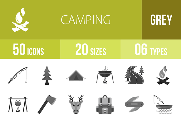 50 Camping Greyscale Icons