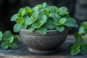 Green mint leaves in modern stone mortar on wooden table, a Food & Drink Photo by AlyaAnd
