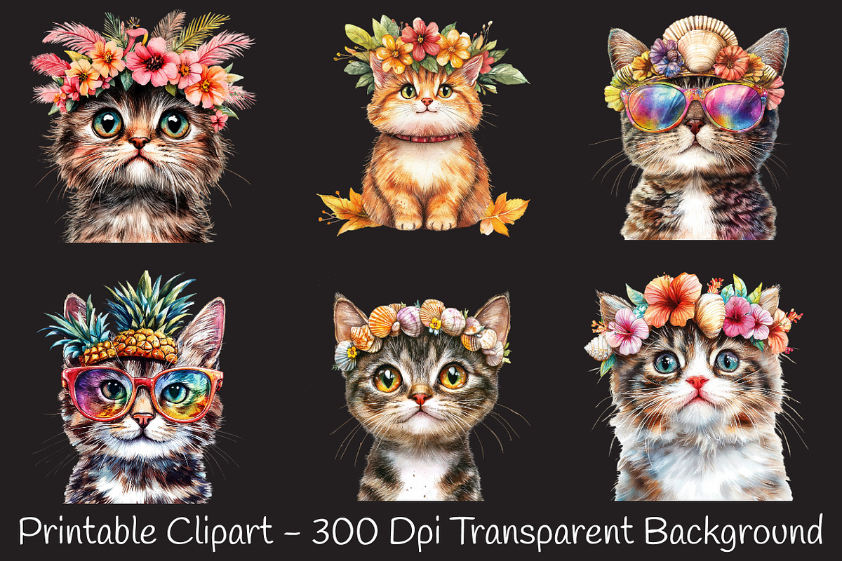 Funny Summer Cat Watercolor Clipart, an Illustration by RobertsArt (Photo 5 of 7)