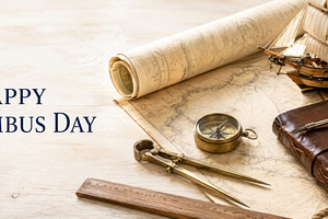 Columbus Day 12 October greeting with vintage sailing ship, anti, a Photo by Dvoevnore photos