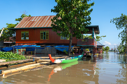 Traditional Bugis floating houses on Lake Tempe, Sulawesi, Indon, an Architecture Photo by GoodGoods