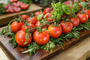 Fresh tomatoes on rustic platter, a Photo by Pavel_design
