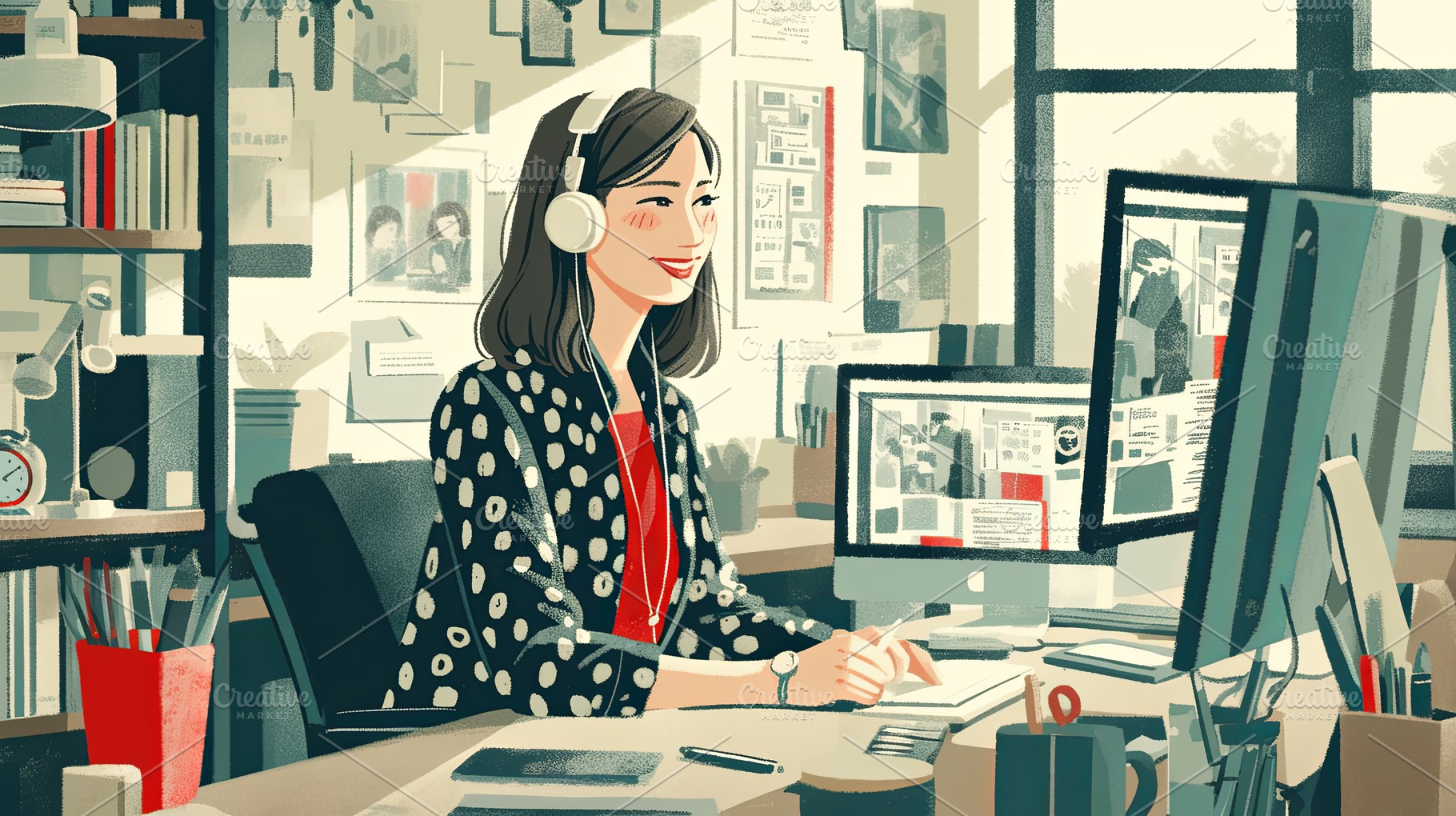 Smiling businesswoman working with headphones in a creative office space., a Photo by AS photostudio