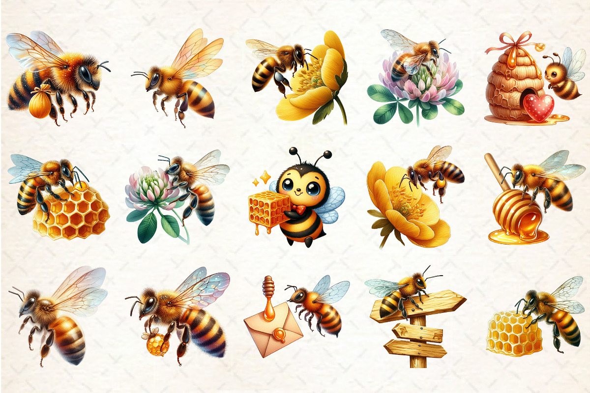 Watercolor Busy Honey Bee Clipart, an Illustration by Rose Art (Photo 2 of 7)