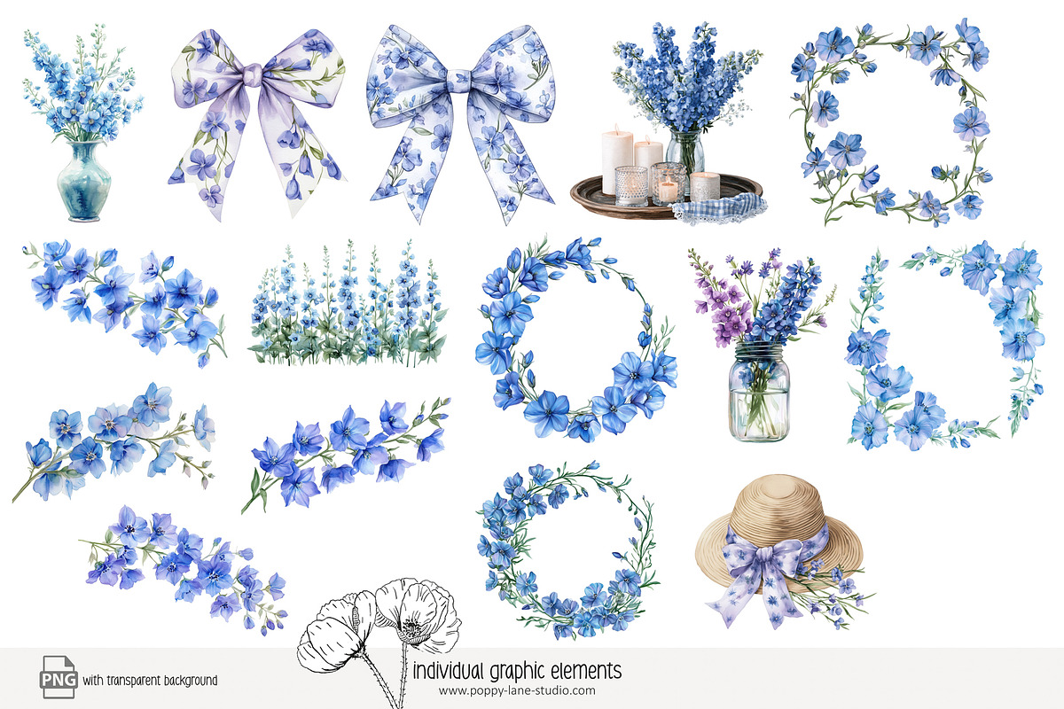 100 watercolour delphinium clip art, a Seasonal Illustration by Poppy Lane Studio (Photo 11 of 12)