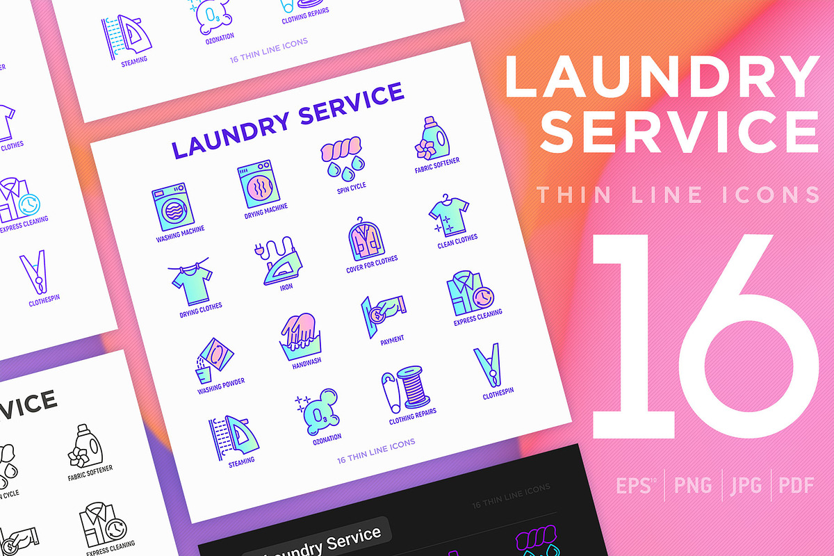 Laundry Service | 16 Thin Line Icons, an Outline Icon by Alex Blogoodf (Photo 1 of 11)
