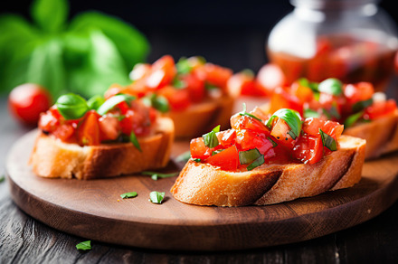 Illustration of tasty bruschetta with tomatoes and basil. Generative AI, a Food & Drink Photo by AlyaAnd
