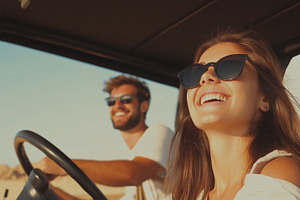 A young woman and man enjoy a sunny, a Photo by Dvoevnore photos