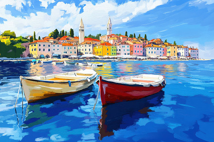 Two boats, one yellow and one red, a, a Photo by Tanuart