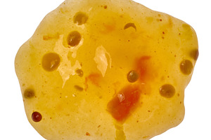 Textured smear of thick mango sauce with spices in light orange, a Food & Drink Photo by ndanko