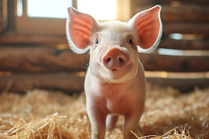 A cheerful pink piglet with large ears stands in a barn filled with straw, bask, an Animal Photo by ImageMir