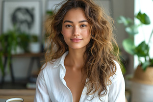 A young woman of mixed ethnicity with curly hair poses warmly in a cozy, natura, a Person Photo by ImageMir