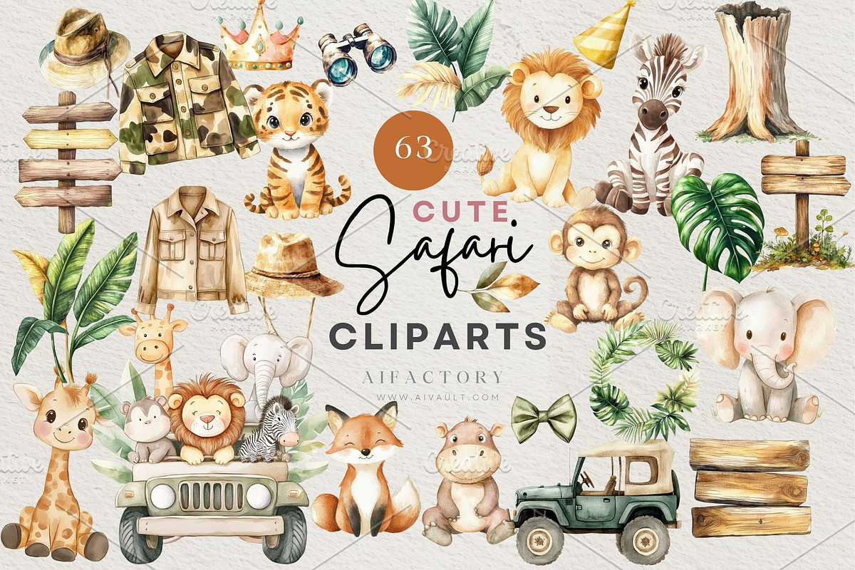 Cute Jungle Safari Animals Clipart, an Animal Illustration by artinspirestudio (Photo 1 of 7)