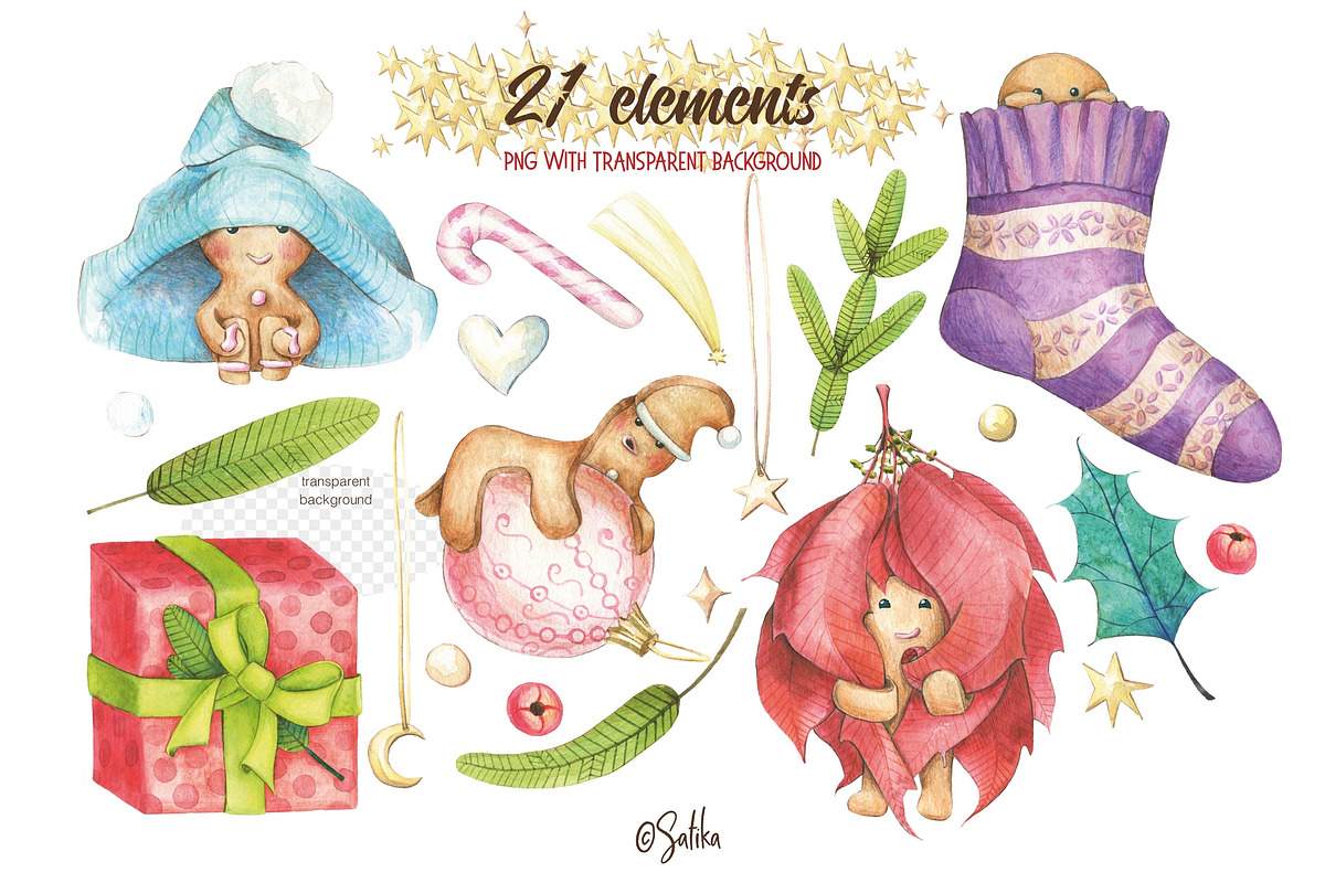 Winter watercolor. Gingerbread guys, a Decorative Illustration by Satika (Photo 2 of 6)