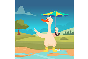 Goose. bird standing with umbrella, an Animal Illustration by Onyx