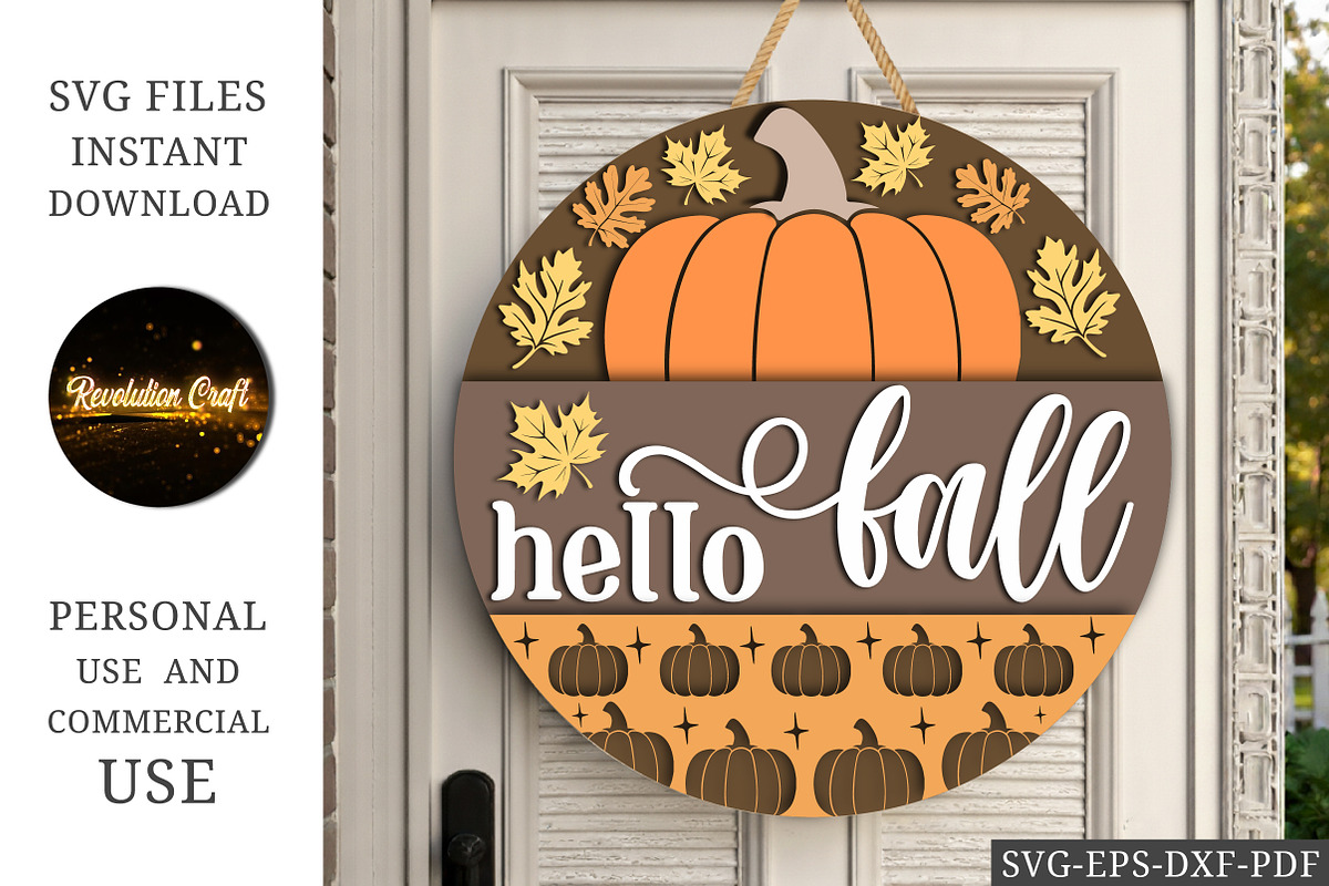 Hello Fall Pumpkin & Leaves Sign SVG, a Seasonal Illustration by OK Design (Photo 2 of 2)