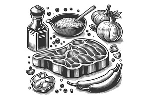 Raw steak spices vegetables vector, a Food Illustration by AlexArt