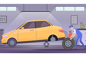 Car repair. man changing wheels in, a Transportation Illustration by Onyx