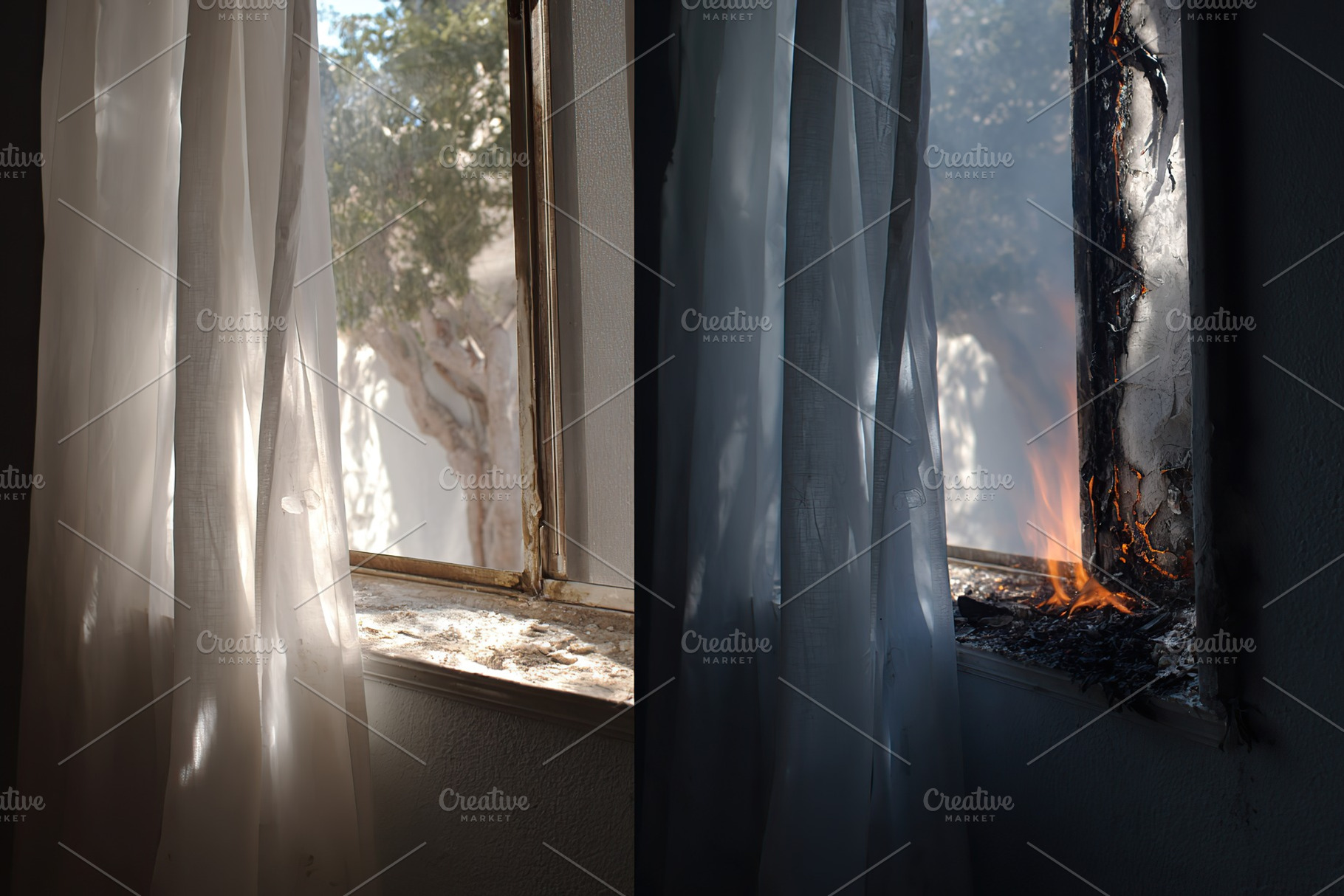 Fire damage visible through window as light filters in during the day, a Photo by AlyaAnd