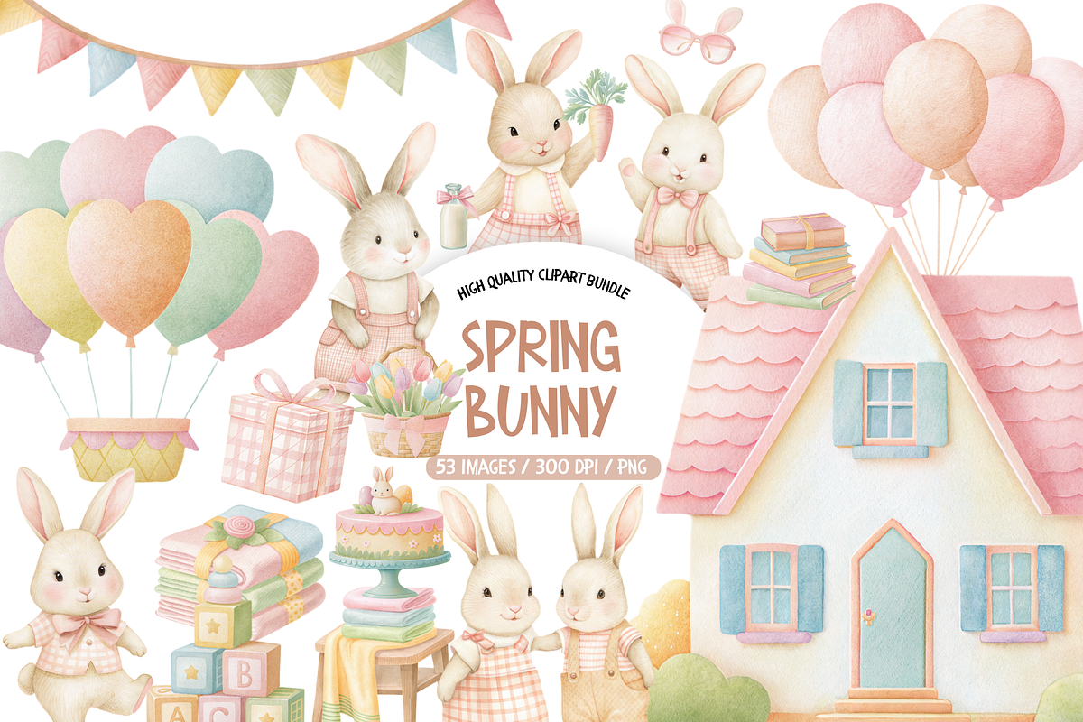 Spring Bunny Clipart Bundle, an Animal Illustration by TatiMockup