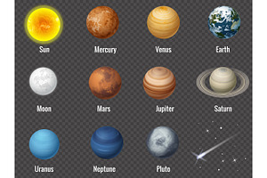 Solar System Planets On Transparent Background, Isolated Vector Illustration.