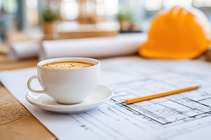 Coffee cup on desk next to engineering blueprint and hard hat during planning s, a Photo by AlyaAnd