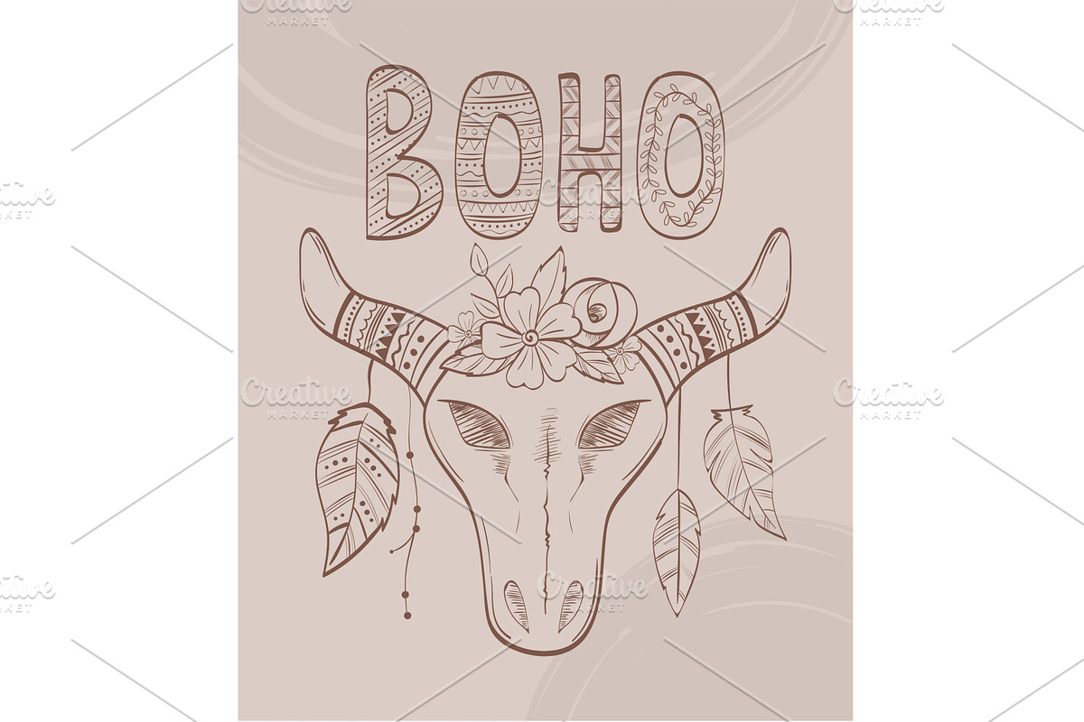 bull skull boho, an Object Illustration by studiogstock