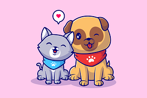Cute Pug Dog And Cute Cat Siting, an Animal Illustration by Catalyst Labs