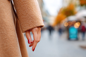 Female hand with five fingers extending from a beige coat in a busy urban stree, a Beauty & Fashion Photo by AlyaAnd