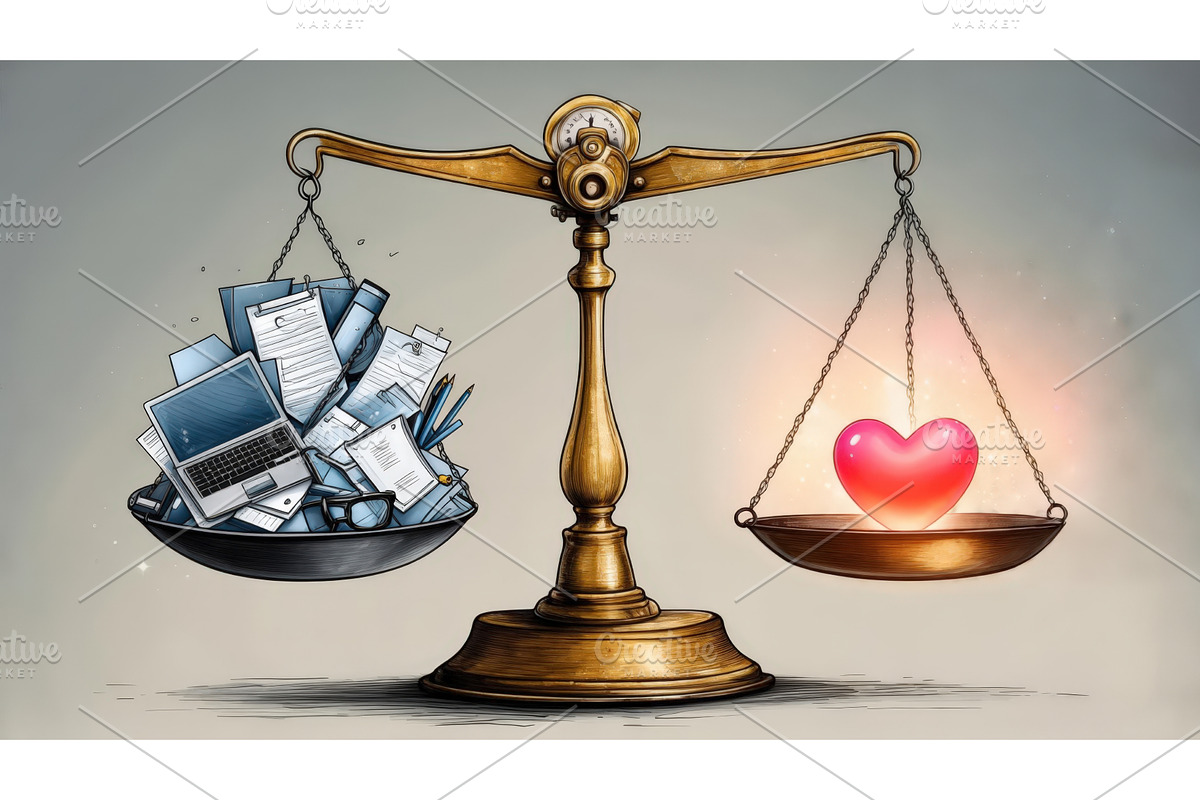 Golden balance scale weighing work, an Illustration by tilialucida