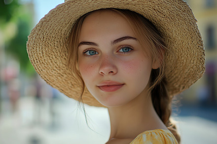 Woman in straw hat enjoying a sunny day on a lively city street, a Person Photo by AlyaAnd