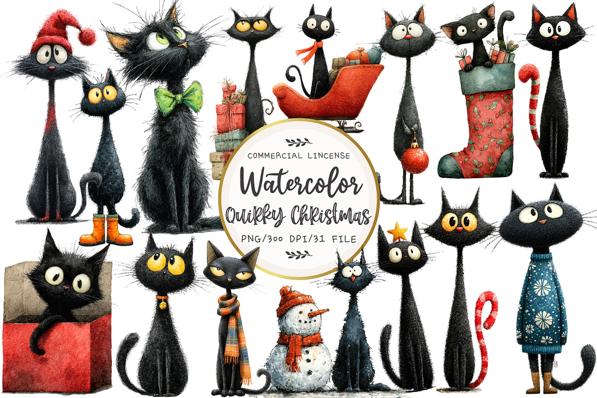 Quirky Christmas Black Cat Clipart, an Illustration by OK Design (Photo 1 of 5)