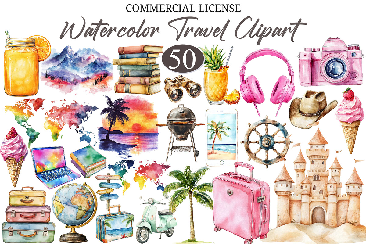 Watercolor Travel Clipart Bundle, a Seasonal Illustration by designcity5 (Photo 1 of 5)