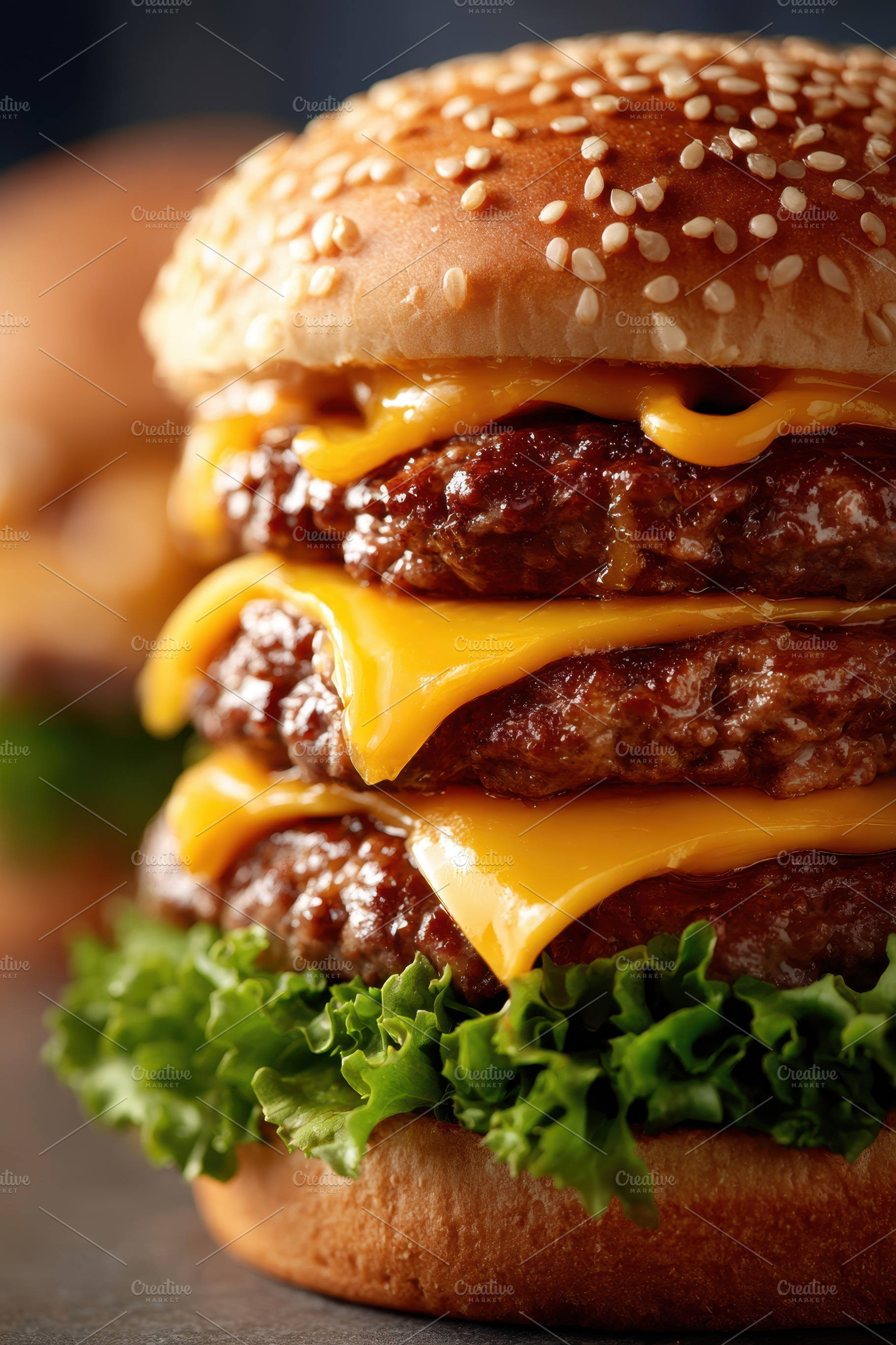 Delicious cheeseburger with melted cheese and fresh toppings, a Food & Drink Photo by AlyaAnd