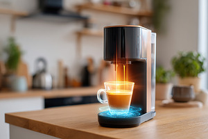Sleek automatic coffee maker brews fresh coffee in modern kitchen, a Food & Drink Photo by AlyaAnd