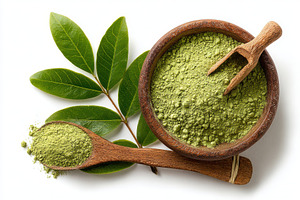 Matcha powder in wooden bowl and spo, a Photo by Pixeness Studio