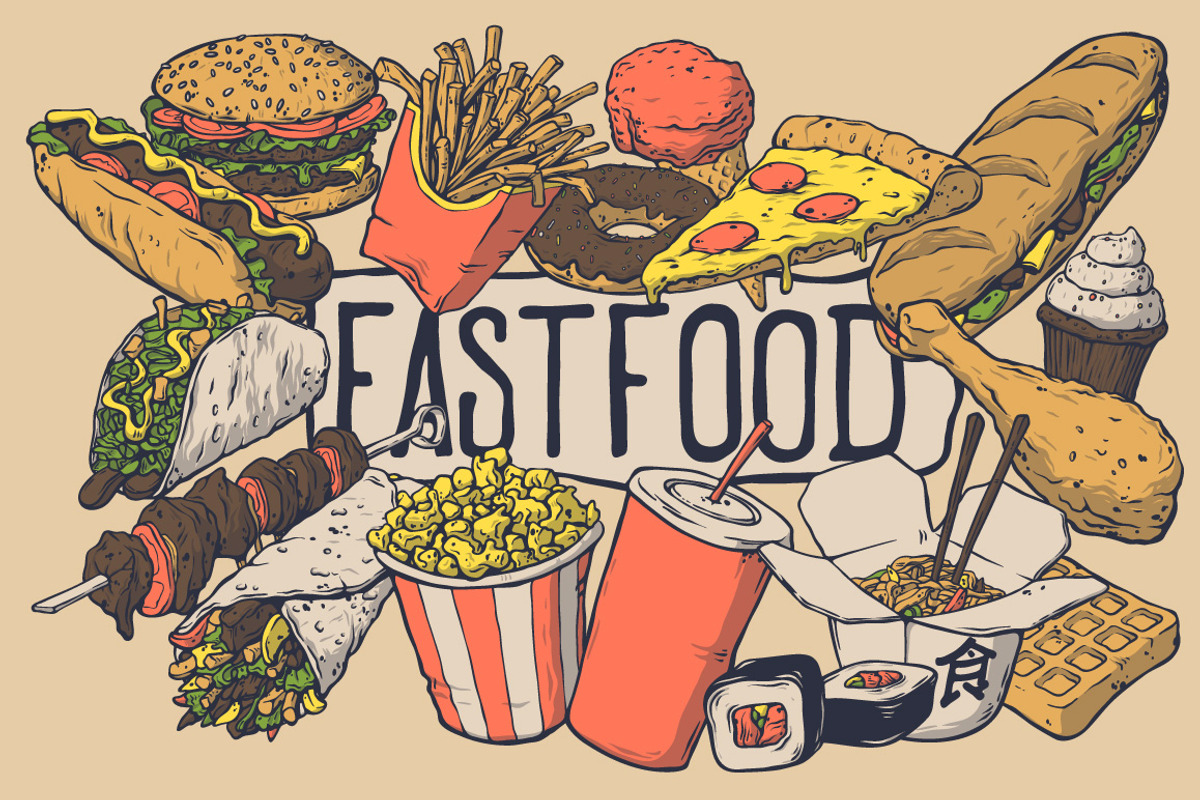 vector fast food set, a Food Illustration by illusign, image size:1200x800