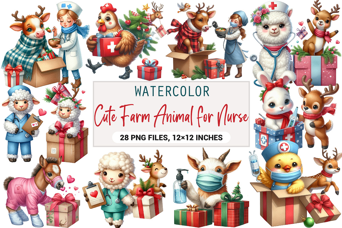 Cute Farm Animal for Nurse Clipart, an Illustration by DreamArtGraphic (Photo 1 of 4)