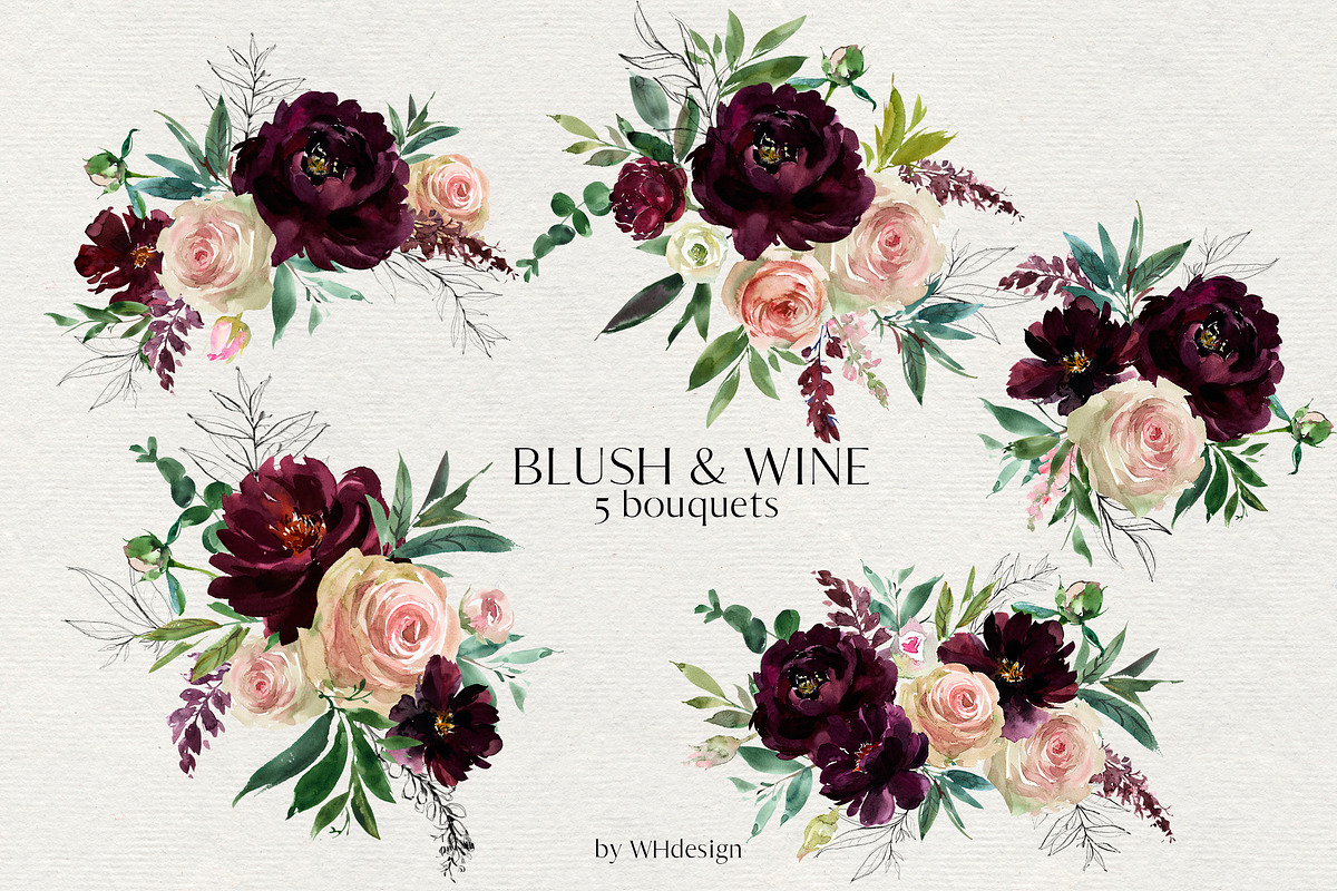 Blush & Wine Watercolor Flowers PNG, a Decorative Illustration by whiteheartdesign (Photo 4 of 10)