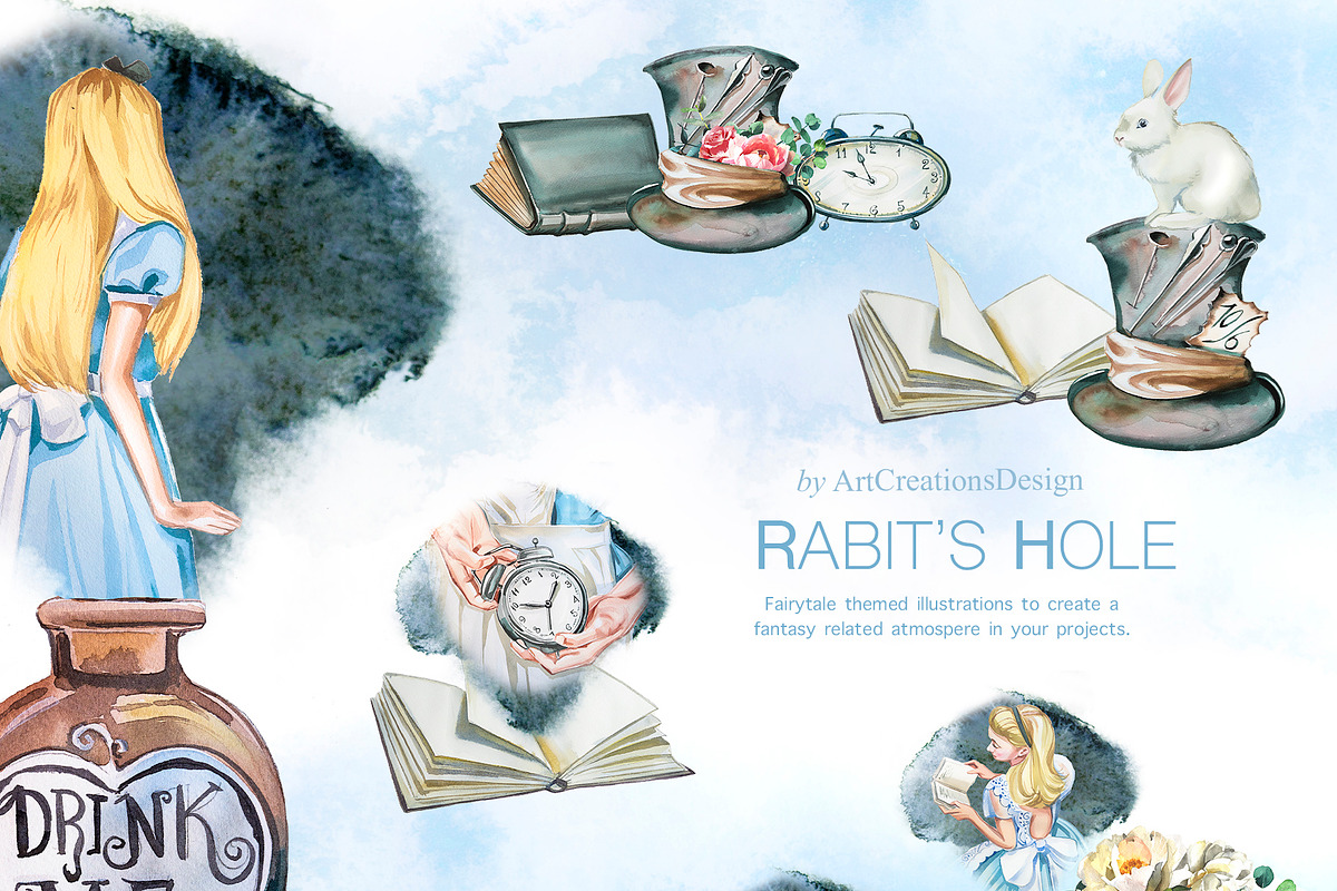Watercolor Rabit's Hole Clipart Set, a Person Illustration by ArtCreationsDesign (Photo 6 of 14)