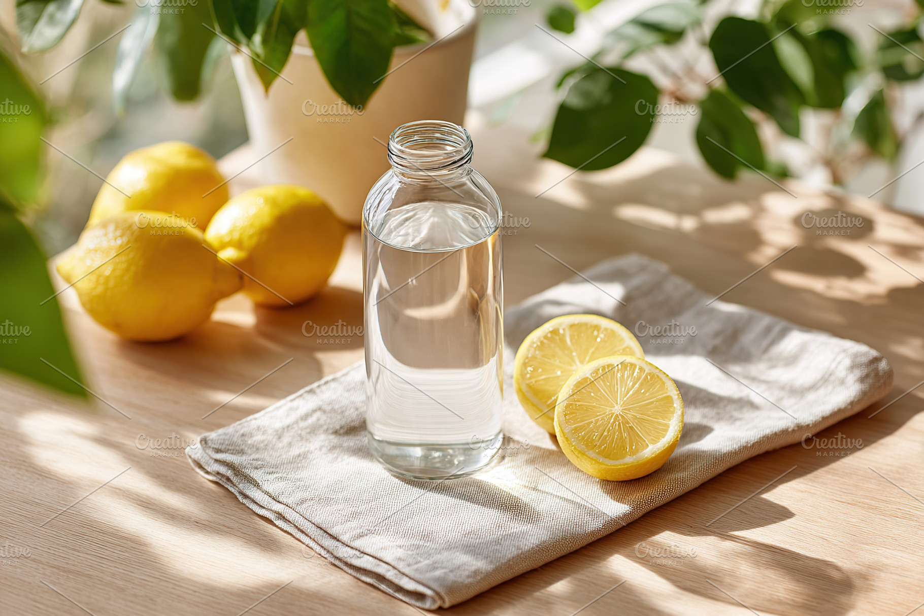 Refreshing lemon water in a reusable glass bottle on a wooden table, a Photo by AlyaAnd