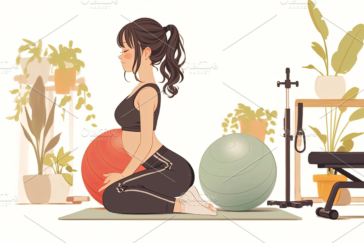 Pregnant woman practicing prenatal yoga with stability ball in modern indoor se, an Illustration by AS photostudio