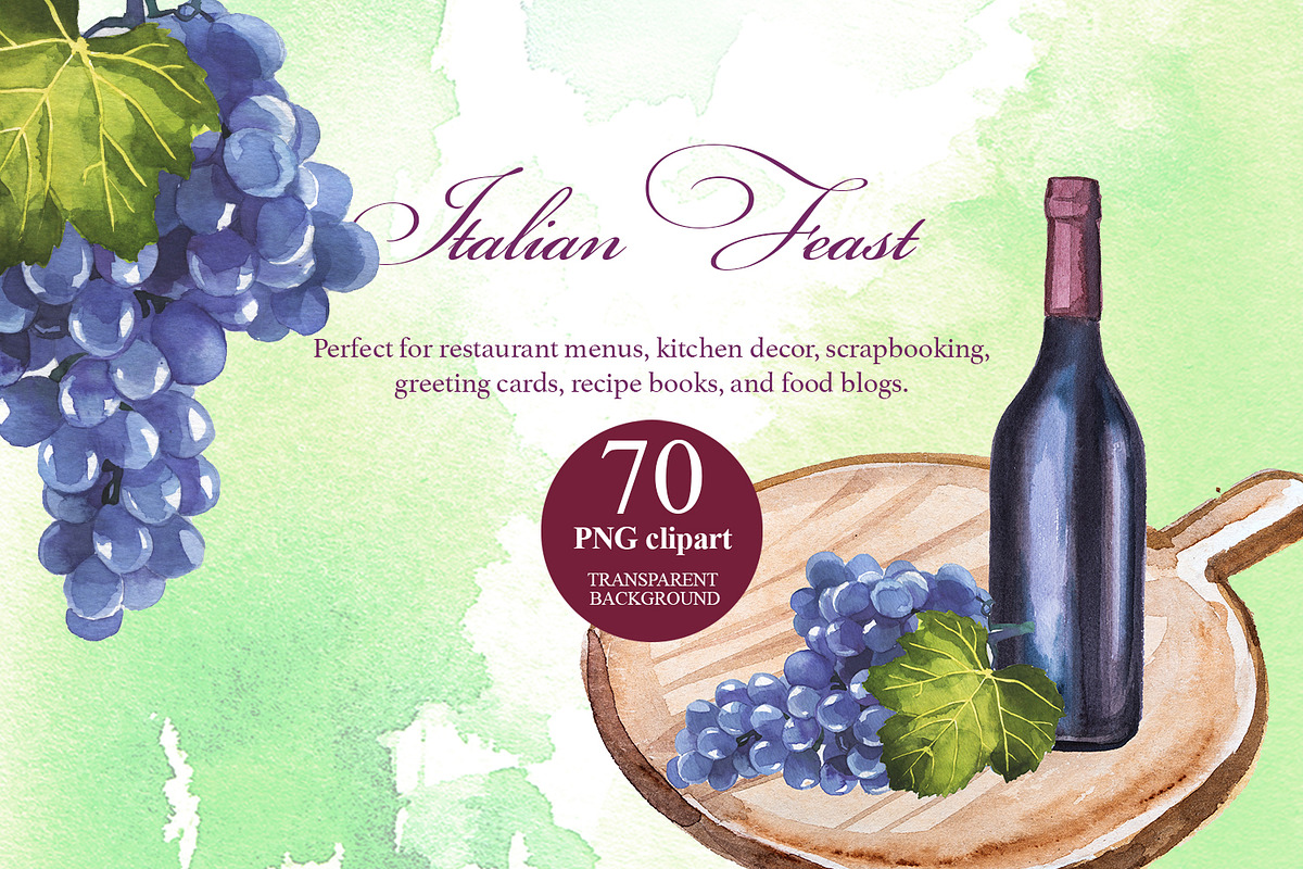 Italian Feast Watercolor Clipart, a Food Illustration by ArtCreationsDesign (Photo 8 of 9)